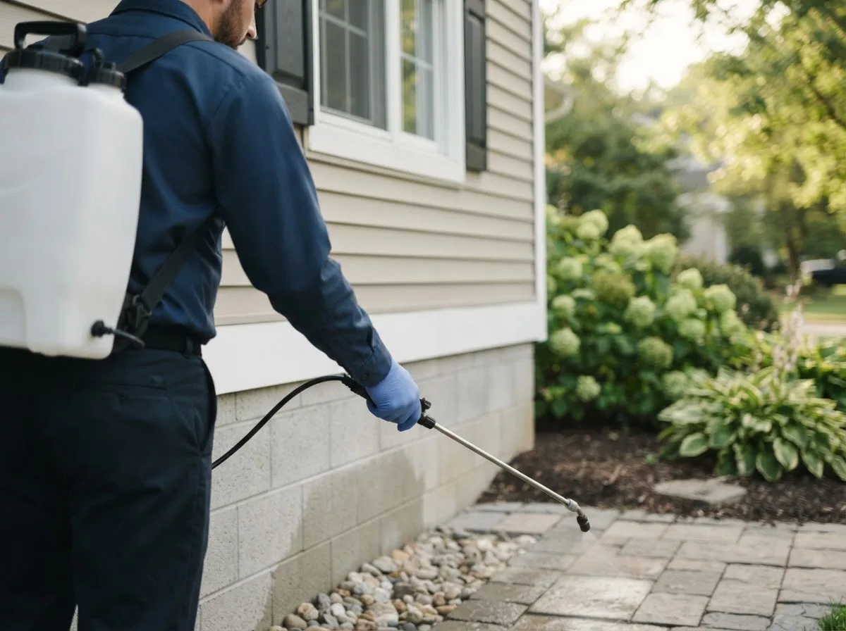 Pest control technician inspecting a home in Dow City, IA